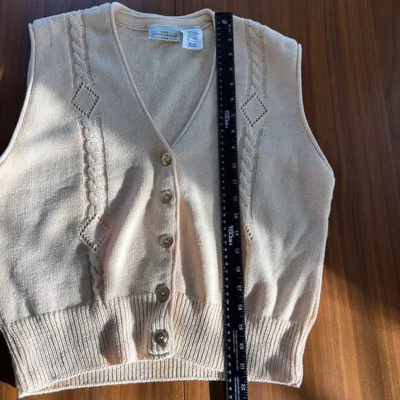 90s Vintage Yarn Works 100% Cotton V Neck Cable Knit Sweater Vest Gold Buttons M - Picture 5 of 6